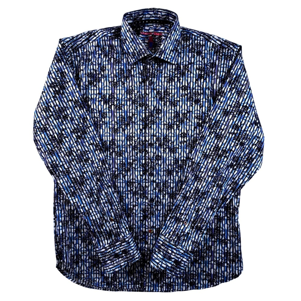 Luchiano Visconti Black Mens Medium Blue Striped Floral Velvet Embroidered Shirt